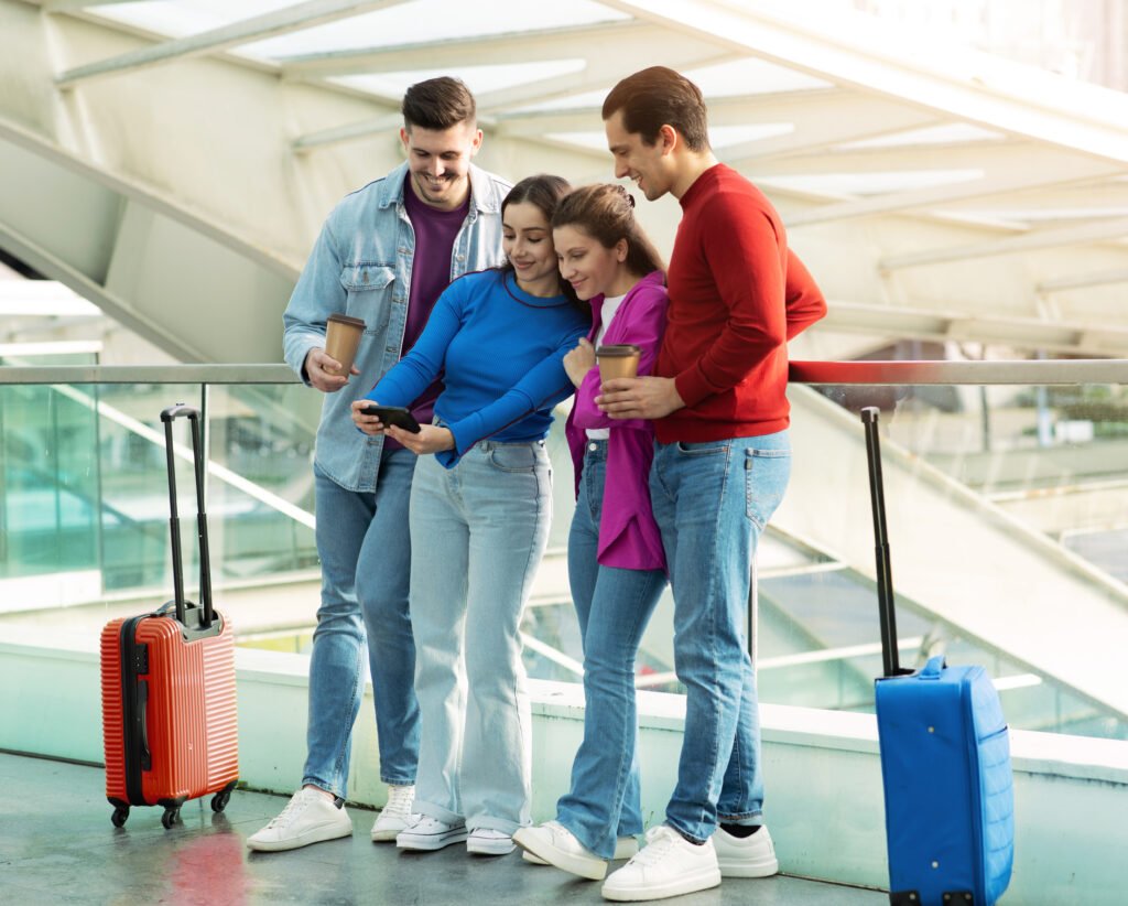 Un grupo de cuatro amigos felices se toma una selfi con el teléfono en el interior del aeropuerto, posando con sus maletas. Dos parejas románticas capturan momentos de su viaje y comparten fotos de las vacaciones en las redes sociales.