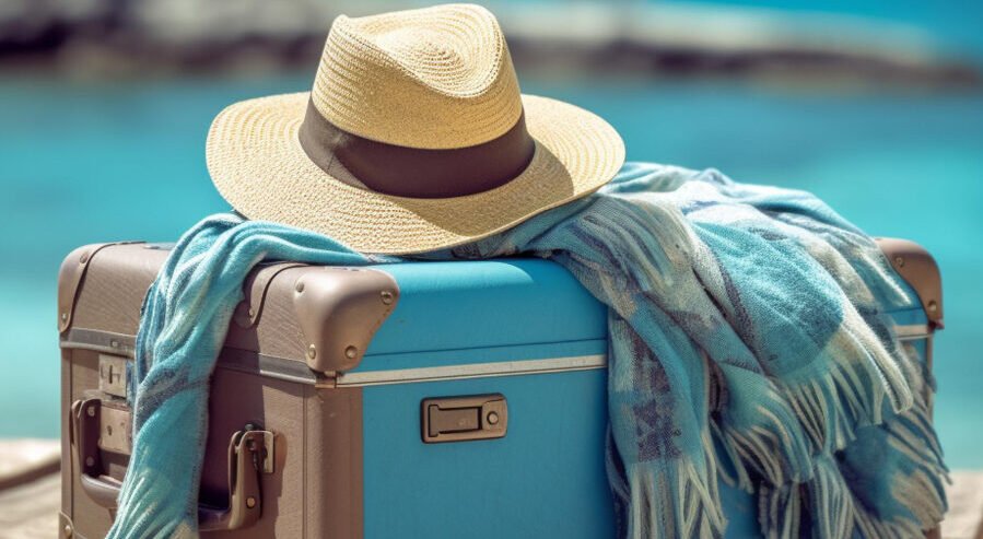 Maleta en a playa en color azul, con una manta y sombrero sobre ella